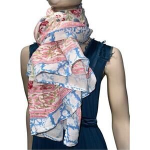 Sevya Pink Blue White Floral Print Cotton 43” W x 68” L Handmade Scarf Sarong